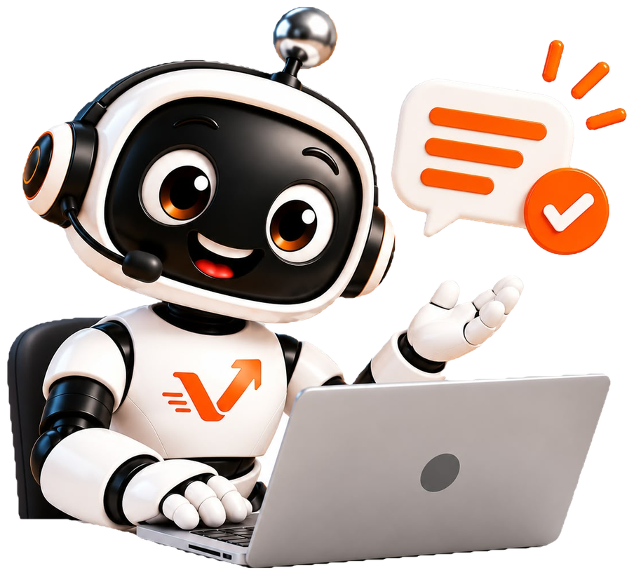 Der vaiacon-Roboter mit Headset sitzt am Laptop, daneben eine Sprechblase mit Häkchen