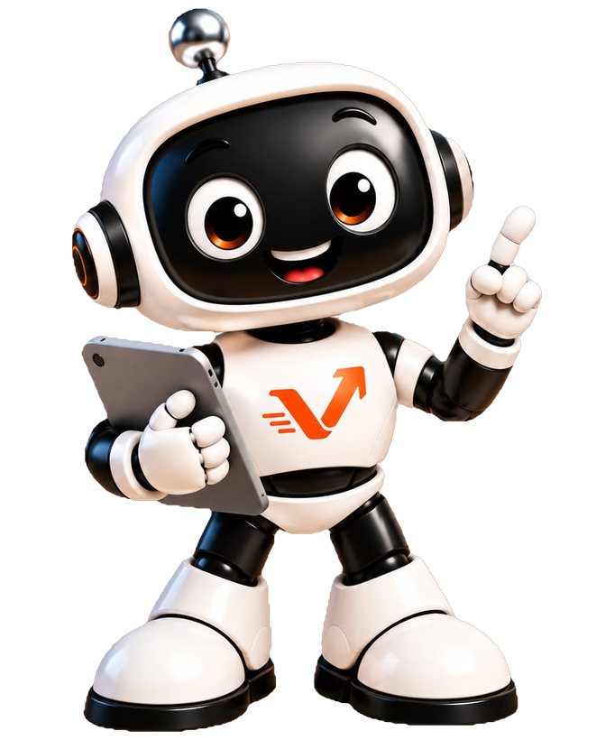 Der vaiacon-Roboter mit Tablet zeigt nach oben