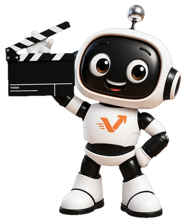 Der vaiacon-Roboter hält eine Filmklappe