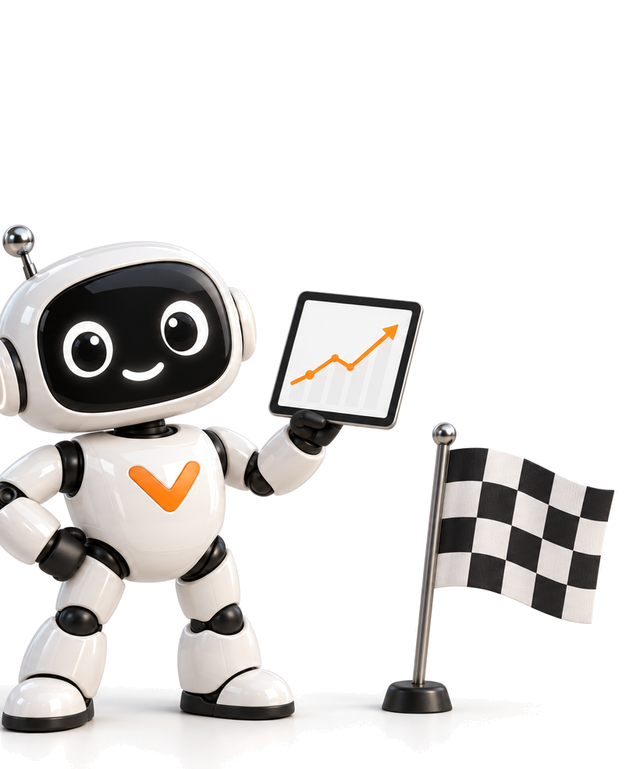 Der vaiacon-Roboter mit Flagge am Ziel, daneben eine steigende Kurve