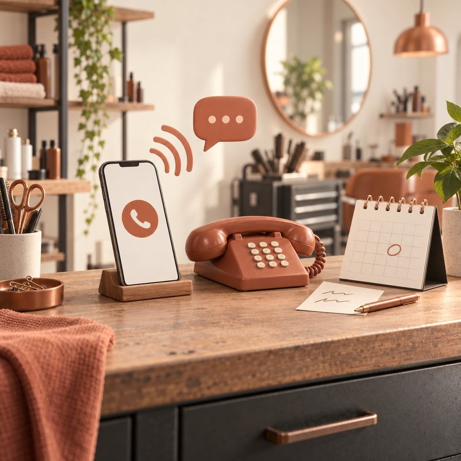 Smartphone und Tischtelefon mit Schallwellen, daneben Kalender und Rückrufnotiz in einem Salon