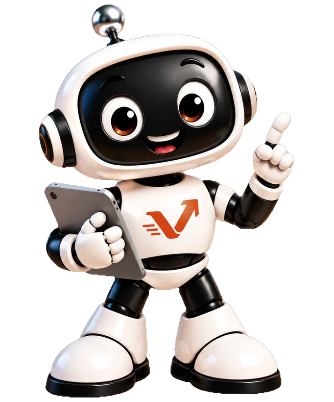Der vaiacon-Roboter mit Tablet zeigt nach oben